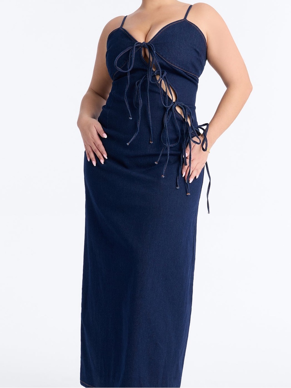 Fashion Nova Dark Blue Denim Lace-Up Maxi Dress
